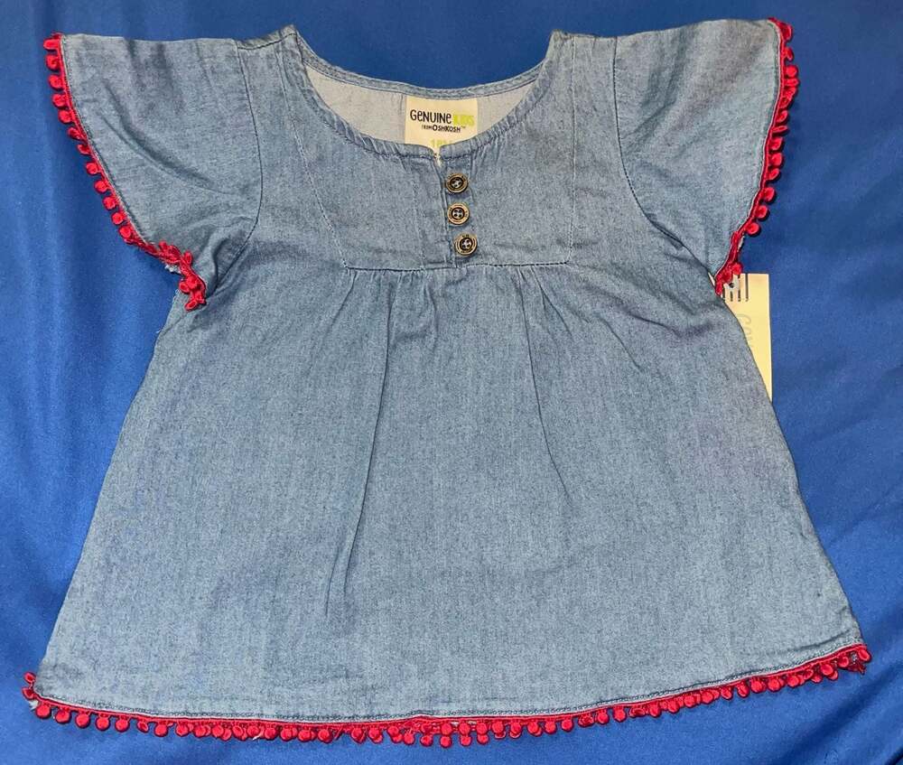 Genuine Kids from OshKosh Baby Girl Denim Flutter Sleeve Dress w/Pom-Pom Trim